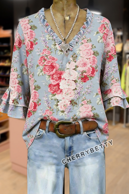 Retro Floral Print V-Neck Ruffle Sleeve Top
