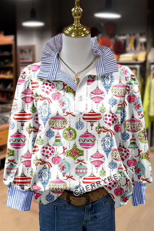 Colorful Christmas Ornaments Print Stiped Collar Top