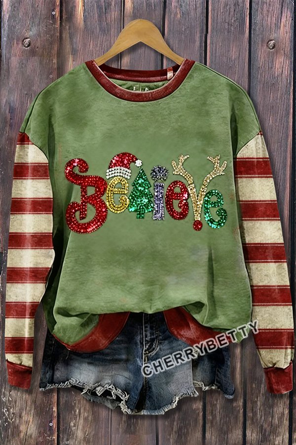 Sweet Christmas Believe Sequin Striped Long Sleeve Sweatshirt