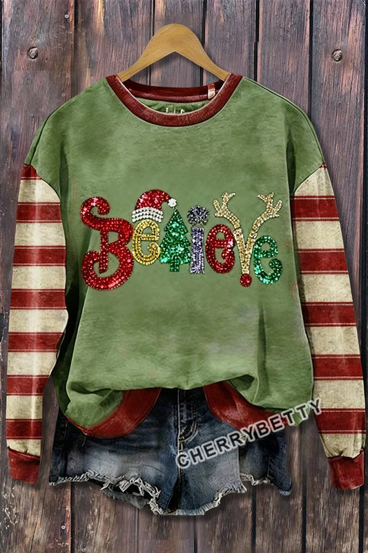 Sweet Christmas Believe Sequin Striped Long Sleeve Sweatshirt