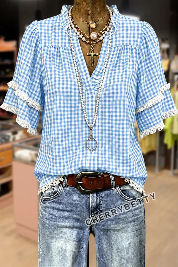 Classic Gingham V-Neck Frayed Hem Cotton Top