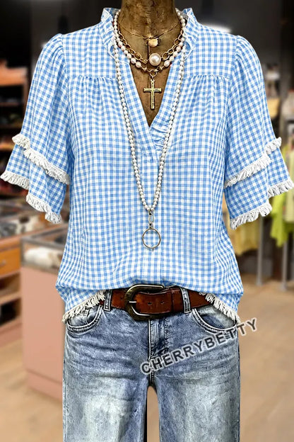 Classic Gingham V-Neck Frayed Hem Cotton Top