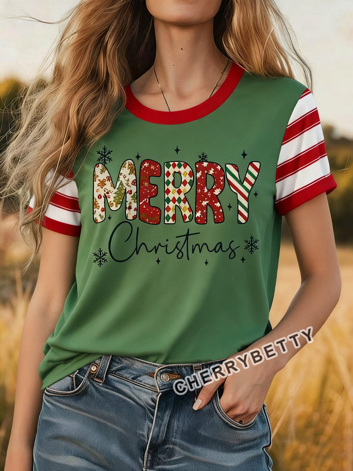 Merry Christmas Print Striped V-Neck T-Shirt