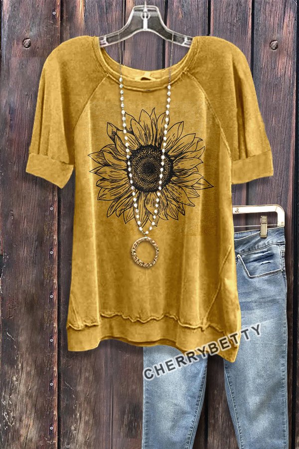 Sunflower Print Round Neck Short Sleeve Top