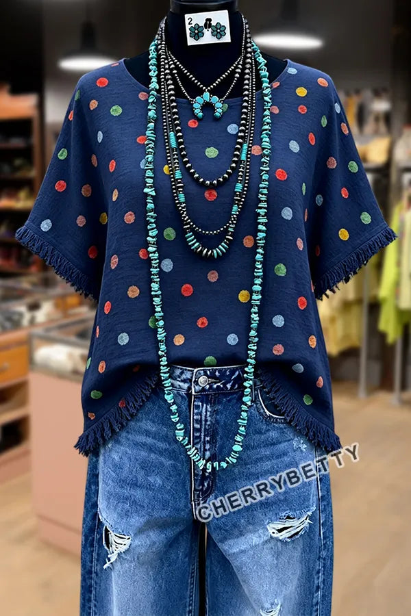 Colorful Polka Dot Print Side Slit Fringe Hem Top