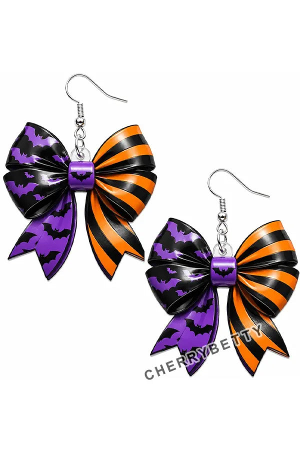 Chic Striped Pumpkin Pattern Bow Halloween Earrings