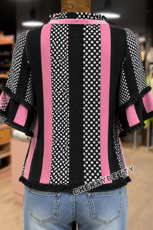 Mixed Polka Dot Print Ruffle Neck Frayed Hem Top