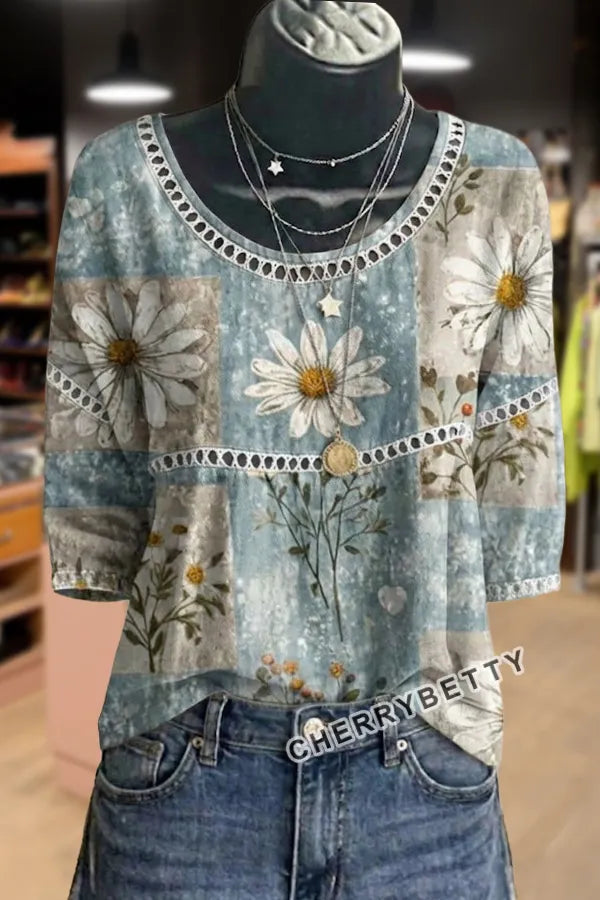 Vintage Floral Print Hollow Out Top