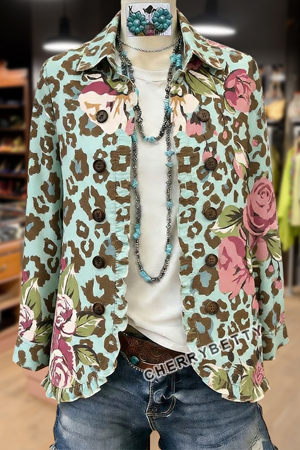Leopard Floral Print Ruffle Trim Collared Jacket