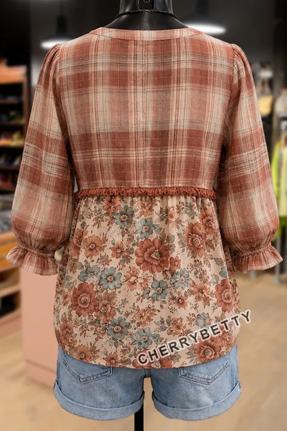 Mixed Plaid Floral Print Notch Neck Puff Sleeve Top