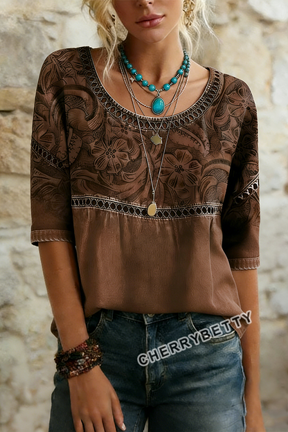 Retro Floral Print Hollow Out Top