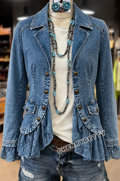 Solid Collar Long Sleeve Lace Ruffle Hem Jacket