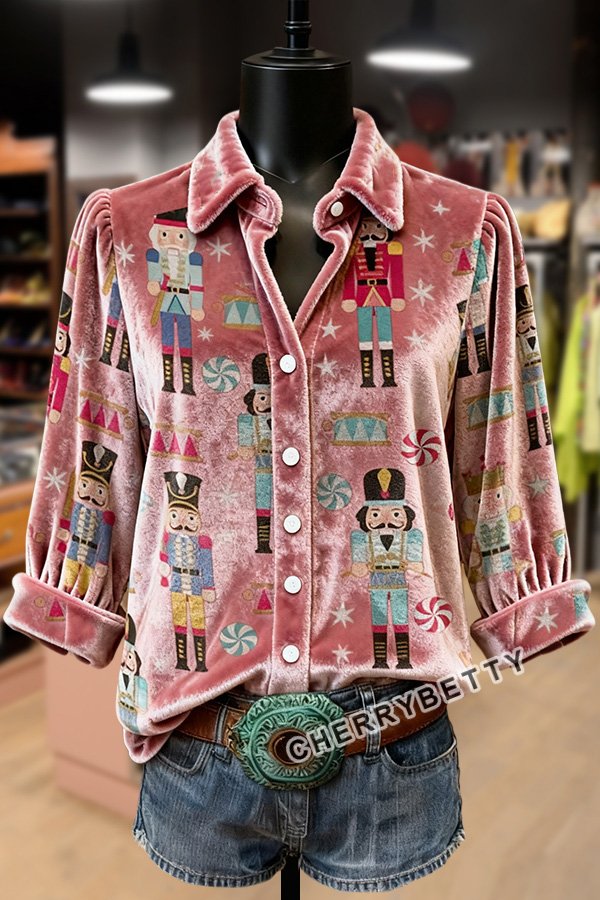 Christmas Nutcracker Print Print Collared Velvet Top