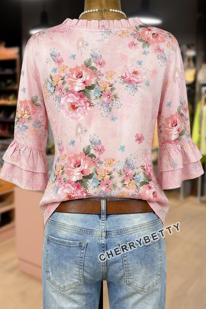 Vintage Floral Print V-Neck Ruffle Sleeve Top