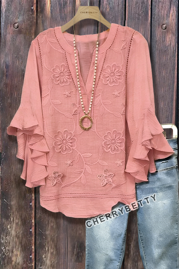 Solid Flower Embroidered V-Neck Ruffle Sleeve Cotton Blouse