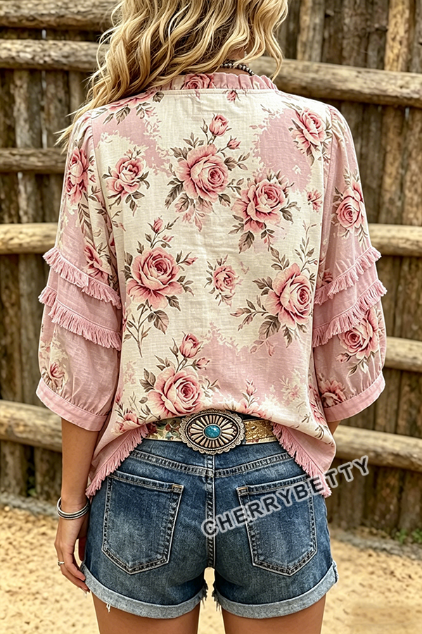 Vintage Rose Print V-Neck   Frayed Hem Top