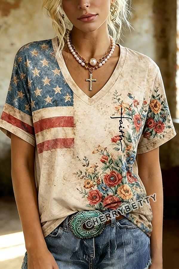 Retro Flower Print V-Neck Independence Day T-Shirt