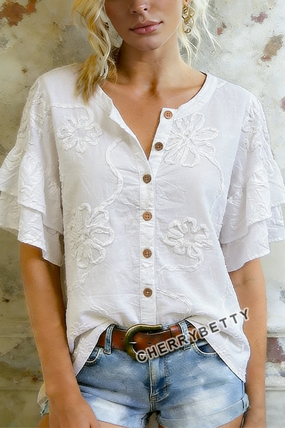 Elegant Flower Embroidered Button Up Ruffle Sleeve Cotton Top