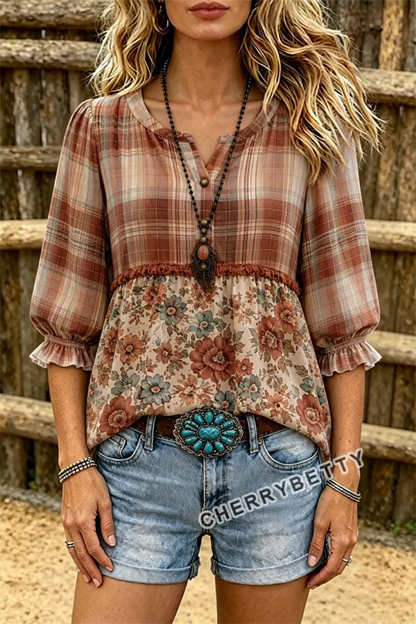 Mixed Plaid Floral Print Notch Neck Puff Sleeve Top