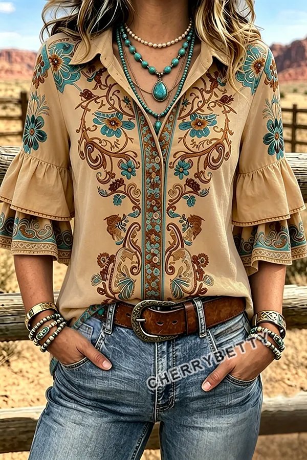 Retro Floral Print Collared Ruffle Sleeve Top