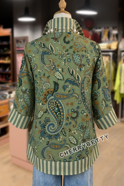 Retro Paisley Print Sriped Collar Blouse
