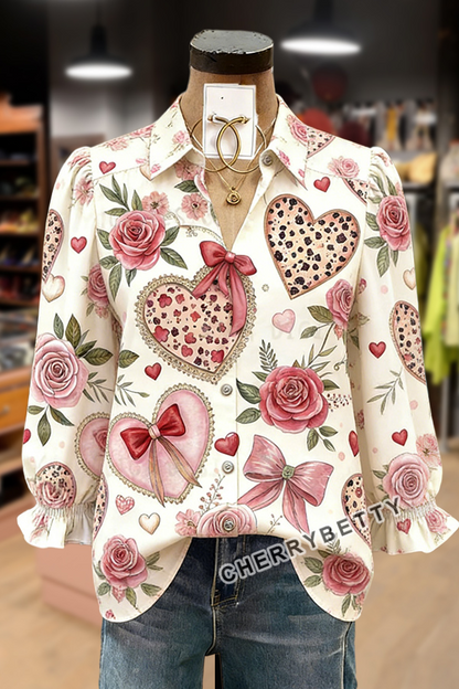 Colorful Heart Print Collared Puff Sleeve Valentine's Day Top