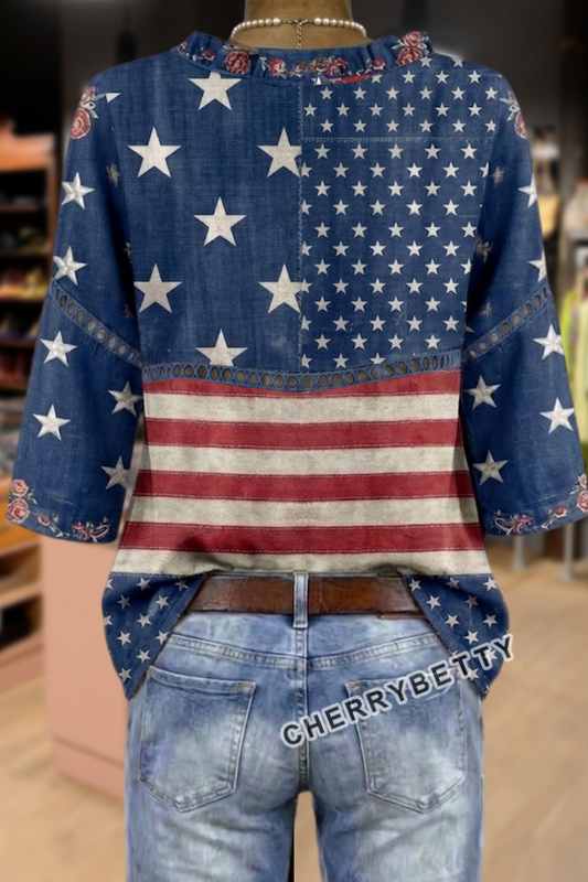 American Flag Print V-Neck Hollow Out Top