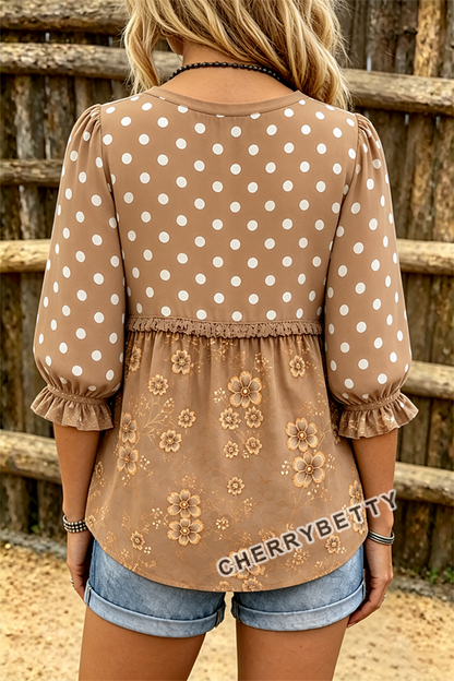 Retro Polka Dot Floral Print Puff Sleeve Frayed Trim Top
