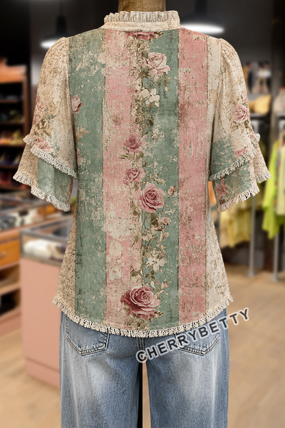 Colorful Floral Print Ruffle Neck Frayed Hem Top