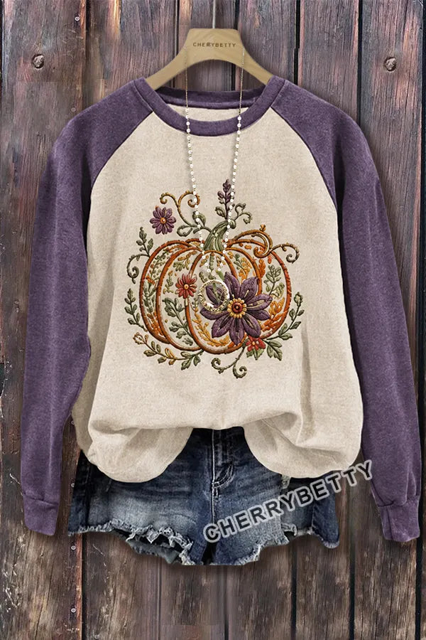 Colorful Floral Pumpkin Embroidered Long Sleeve Halloween Sweatshirt