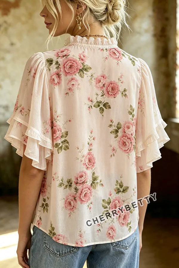 Feminine Floral Print Ruffle Trim Chiffon Blouse