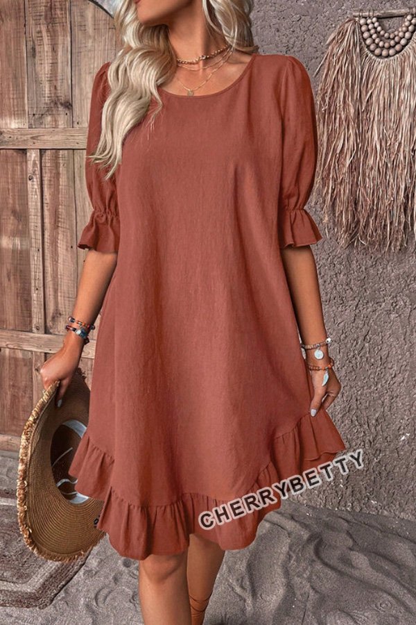 Solid Round Neck Ruffle Hem Linen Dress