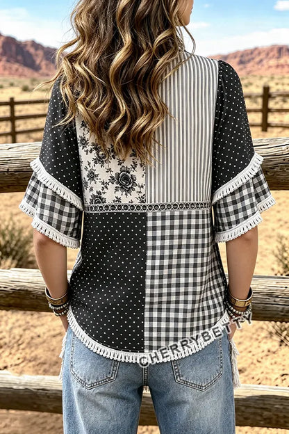 Mixed Floral Gingham Polka Dot  Print Ruffle Neck Frayed Hem Top