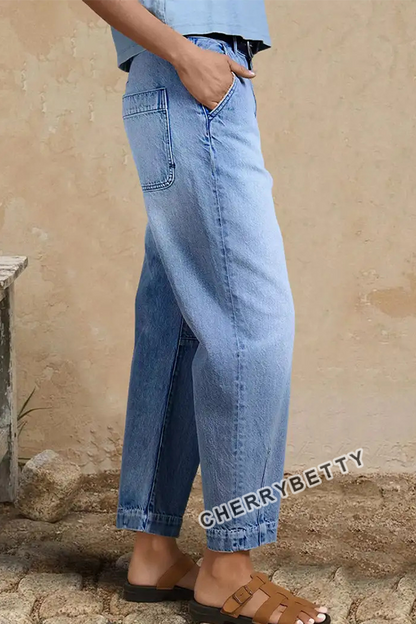 Vintage High Waist Light Wash Barrel Leg Cropped Denim Jeans