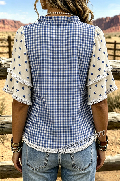 Mixed Patriotic Gingham Star Pattern Frayed Hem Top