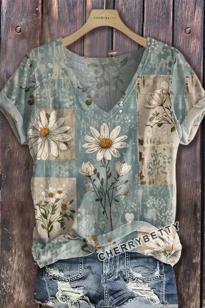 Vintage Daisy Floral Print V-Neck T-Shirt