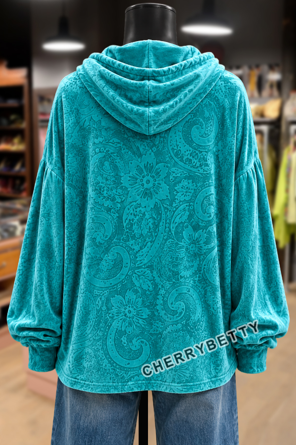 Vintage Western Floral Print Velvet Hoodie Top