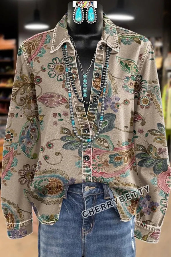 Retro Paisley Print Collared Long Sleeve Top