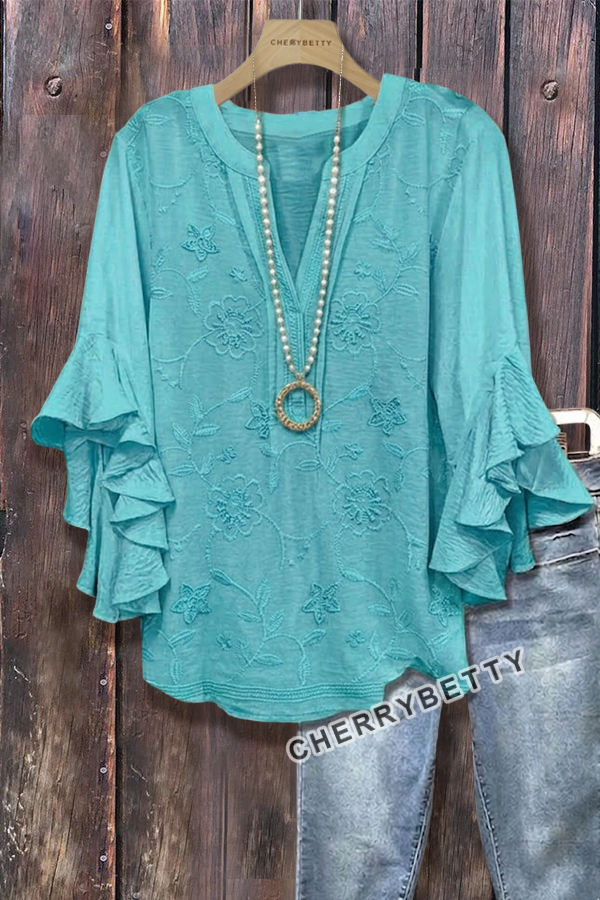 Solid Flower Embroidered V-Neck Ruffle Sleeve Cotton Blouse