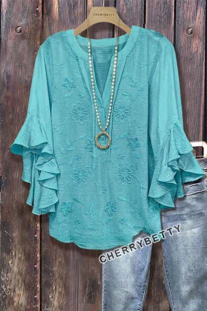 Solid Flower Embroidered V-Neck Ruffle Sleeve Cotton Blouse