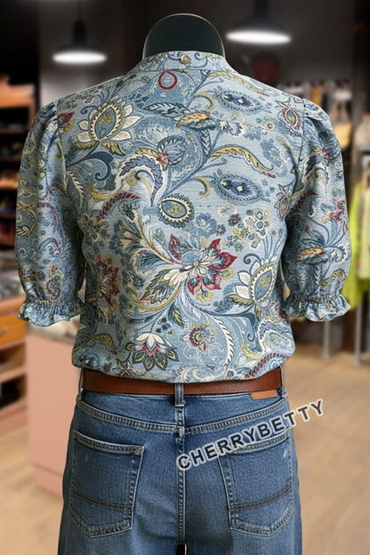 Vintage Floral Print V-Neck Top
