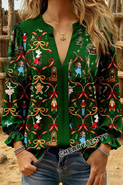 Christmas Ribbon Nutcracker Print Long Sleeve Top