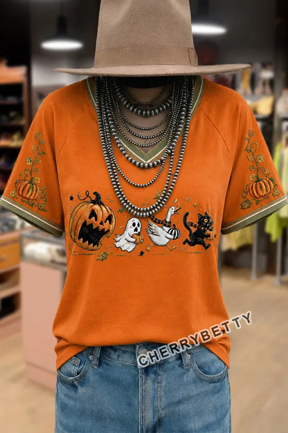 Funny Halloween Print V-Neck T-Shirt