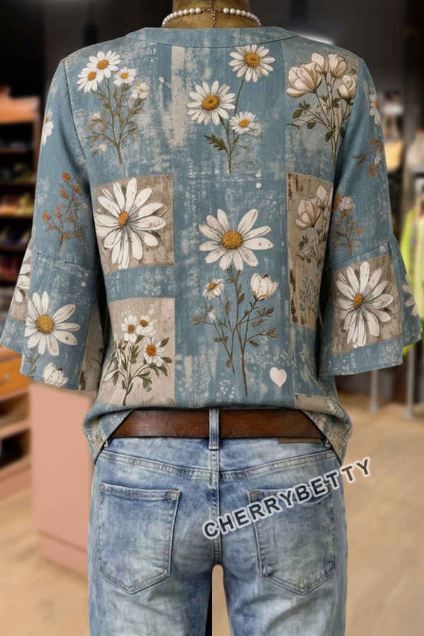 Mixed Vintage Floral Print Notch Neck Ruffle Sleeve Blouse