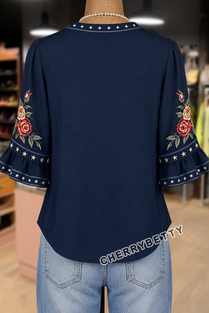American Flag Floral Print  Notch Neck Ruffle Sleeve Blouse