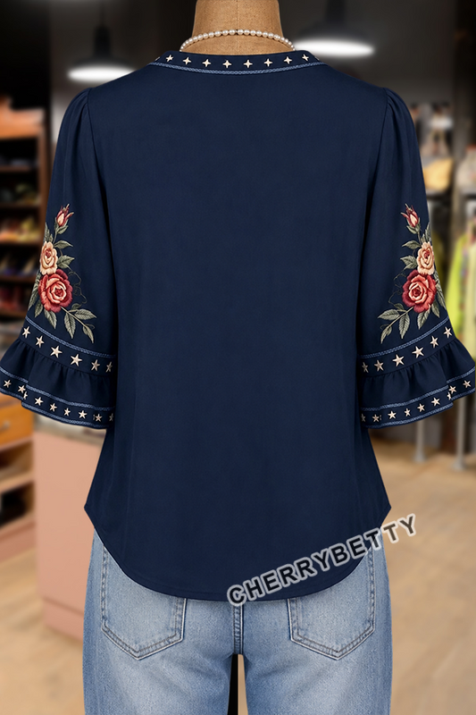 American Flag Floral Print  Notch Neck Ruffle Sleeve Blouse