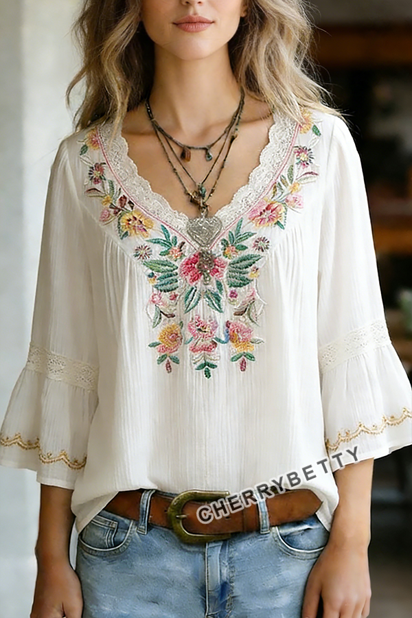Boho Flower Embroidered Lace V-Neck Top