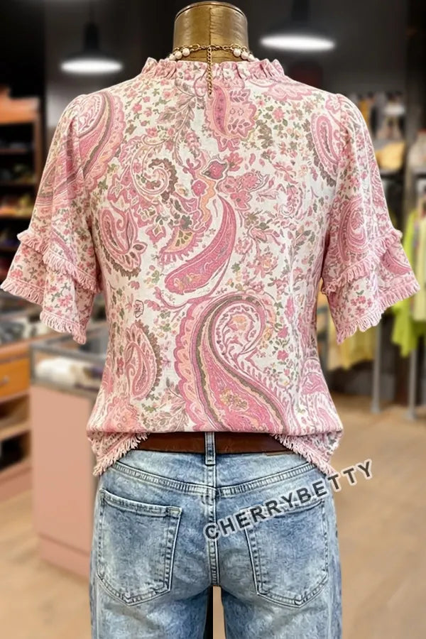 Retro Paisley Print Ruffle Neck Frayed Hem Top
