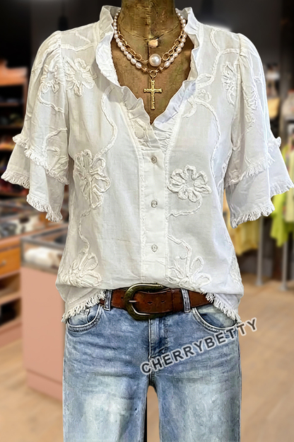 Vintage Flower Embroidered Ruffle Neck Frayed Hem Top