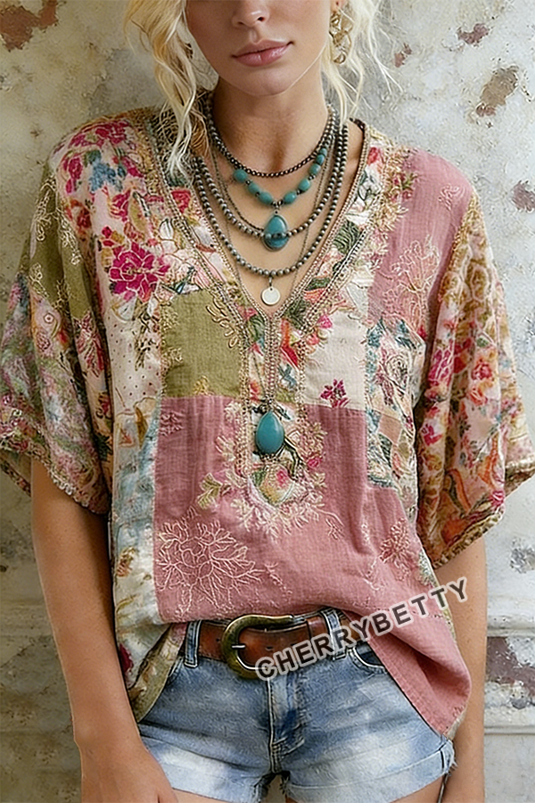 Retro Floral Embroidered V-Neck Short Sleeve Cotton Top